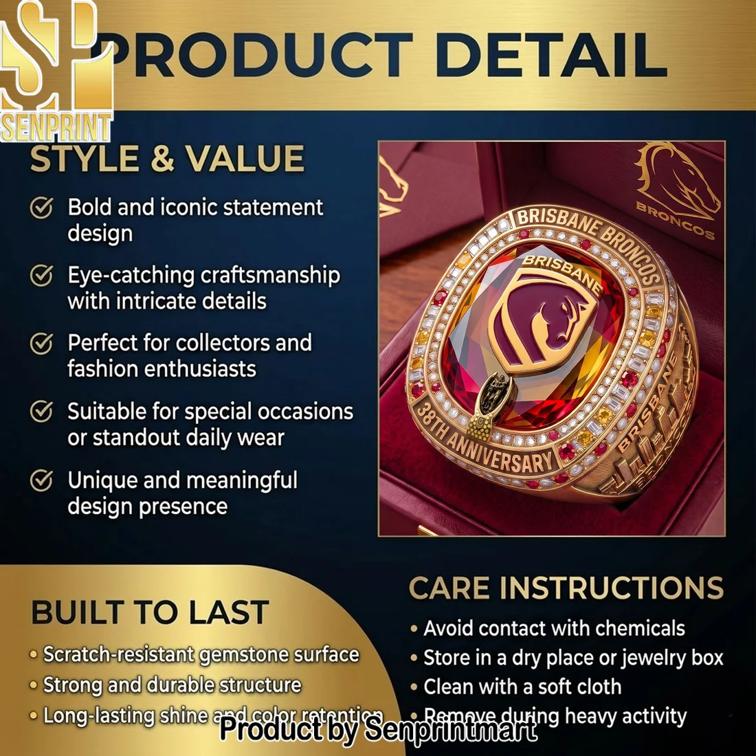 Brisbane Broncos NRL 38th Anniversary Commemorative Luxury Replica Championship Ring Brisbane Broncos NRL 38th Anniversary Commemorative Luxury Replica Championship Ring