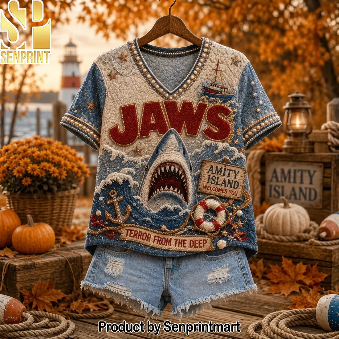 JAWS Amity Island Terror From The Deep Premium V-neck Shirt