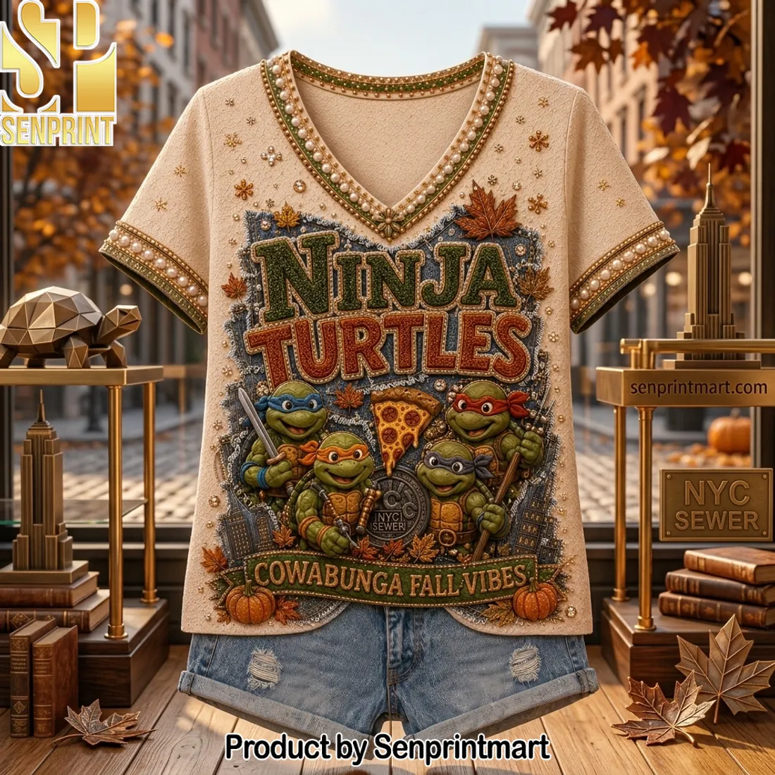 Ninja Turtles Cowabunga Fall Vibes Premium Embellished V-neck Shirt