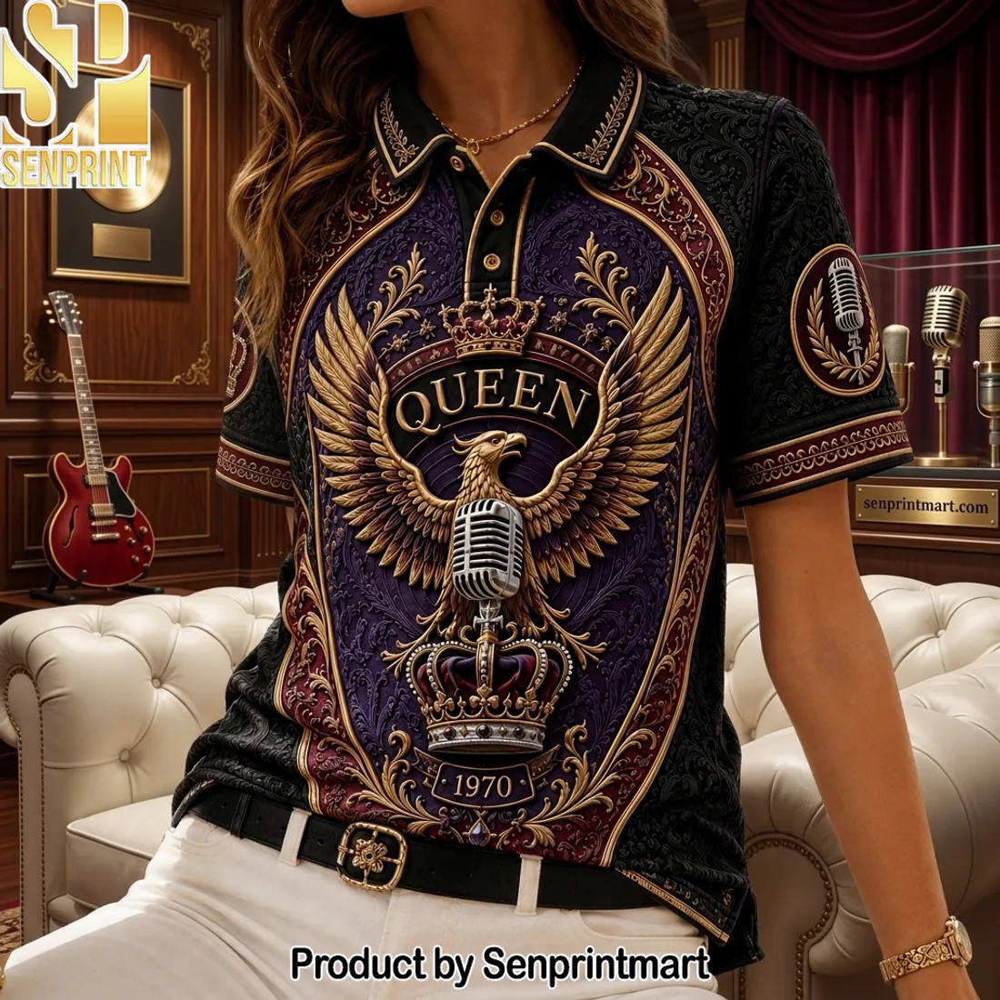 Queen 1970 Vintage Regal Embossed Gold Eagle Polo Shirt