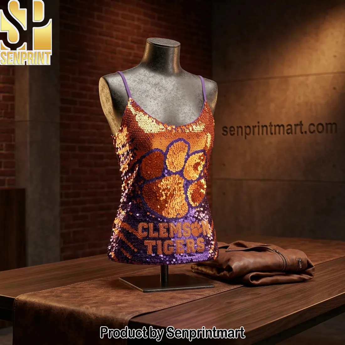 Clemson Tigers Sequin Paw Print Fan Camisole Top