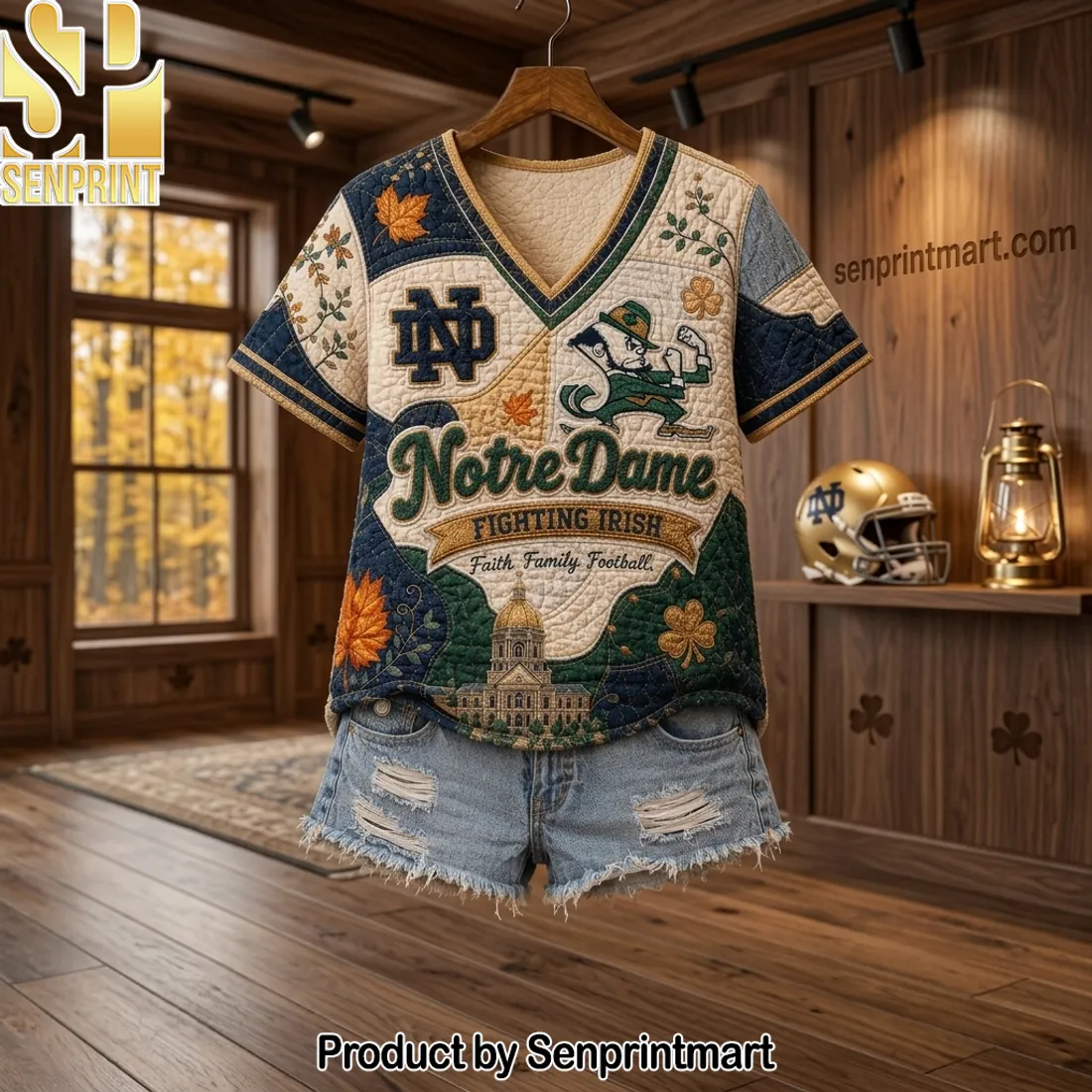 Notre Dame Fighting Irish Quilted Patchwork V-neck Shirt