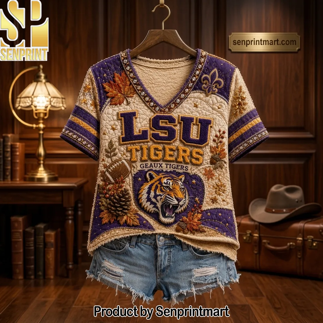 LSU Tigers Geaux Tigers Quilted Pattern 3D Graphic V-Neck Shirt