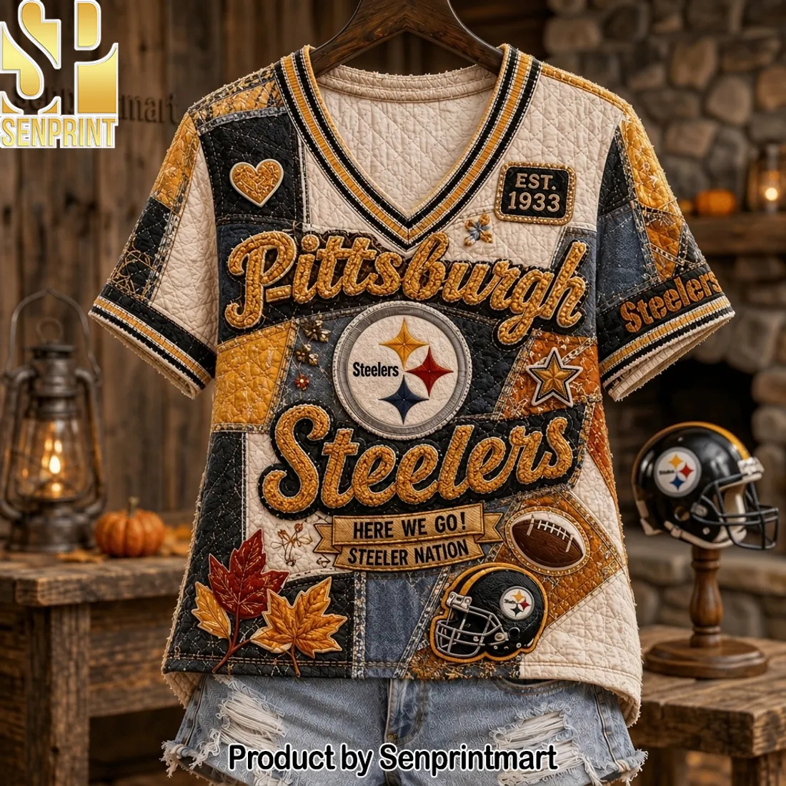Pittsburgh Steelers Est 1933 Vintage Quilted Patchwork V-Neck Shirt