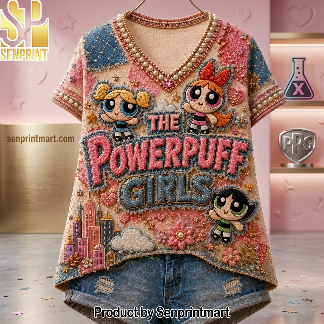 The Powerpuff Girls 3D Embroidery Style Pearl Beaded V-neck Shirt