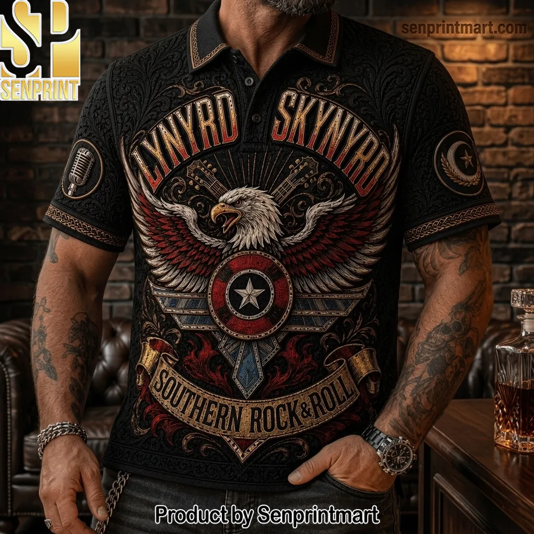 Lynyrd Skynyrd Southern Rock and Roll Vintage Eagle Polo Shirt