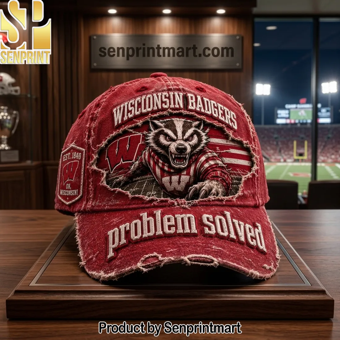 Wisconsin Badgers Problem Solved Embroidered Distressed Vintage Cap