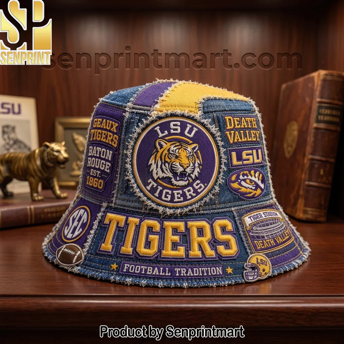 LSU Tigers Patchwork Denim Embroidered Bucket Hat