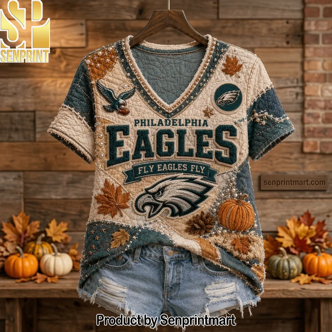 Philadelphia Eagles Quilted Fall Design V-Neck Shirt