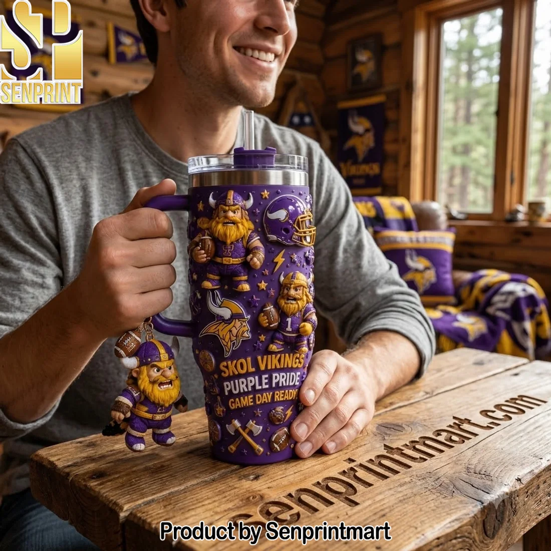 Minnesota Vikings NFL 3D Embossed Mascot Purple Pride 40oz Insulated Stainless Steel Travel Tumbler with Handle