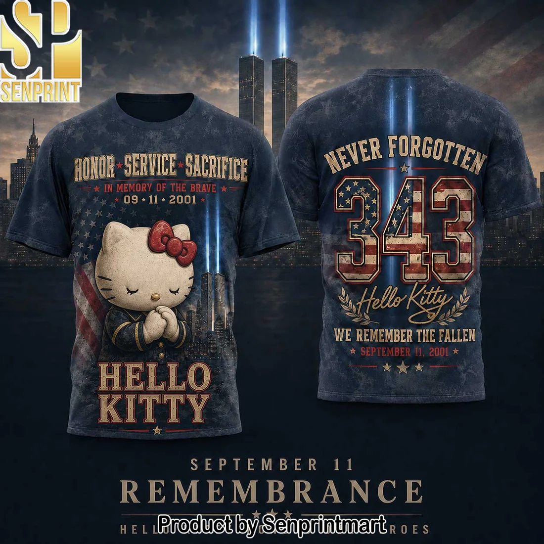 Hello Kitty September 11 Never Forgotten Memorial Twin Towers 343 Tribute Patriotic 3D T-Shirt