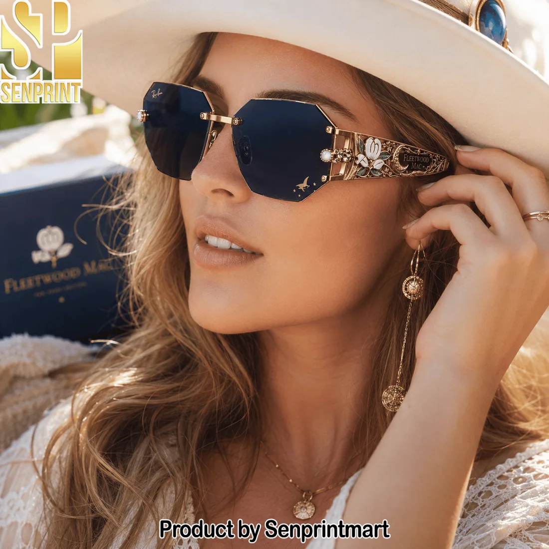 Fleetwood Mac Fan Pride Edition Premium Gold Engraved Rimless Octagonal Blue Lens Unisex Sunglasses Fleetwood Mac Fan Pride Edition Premium Gold Engraved Rimless Octagonal Blue Lens Unisex Sunglasses