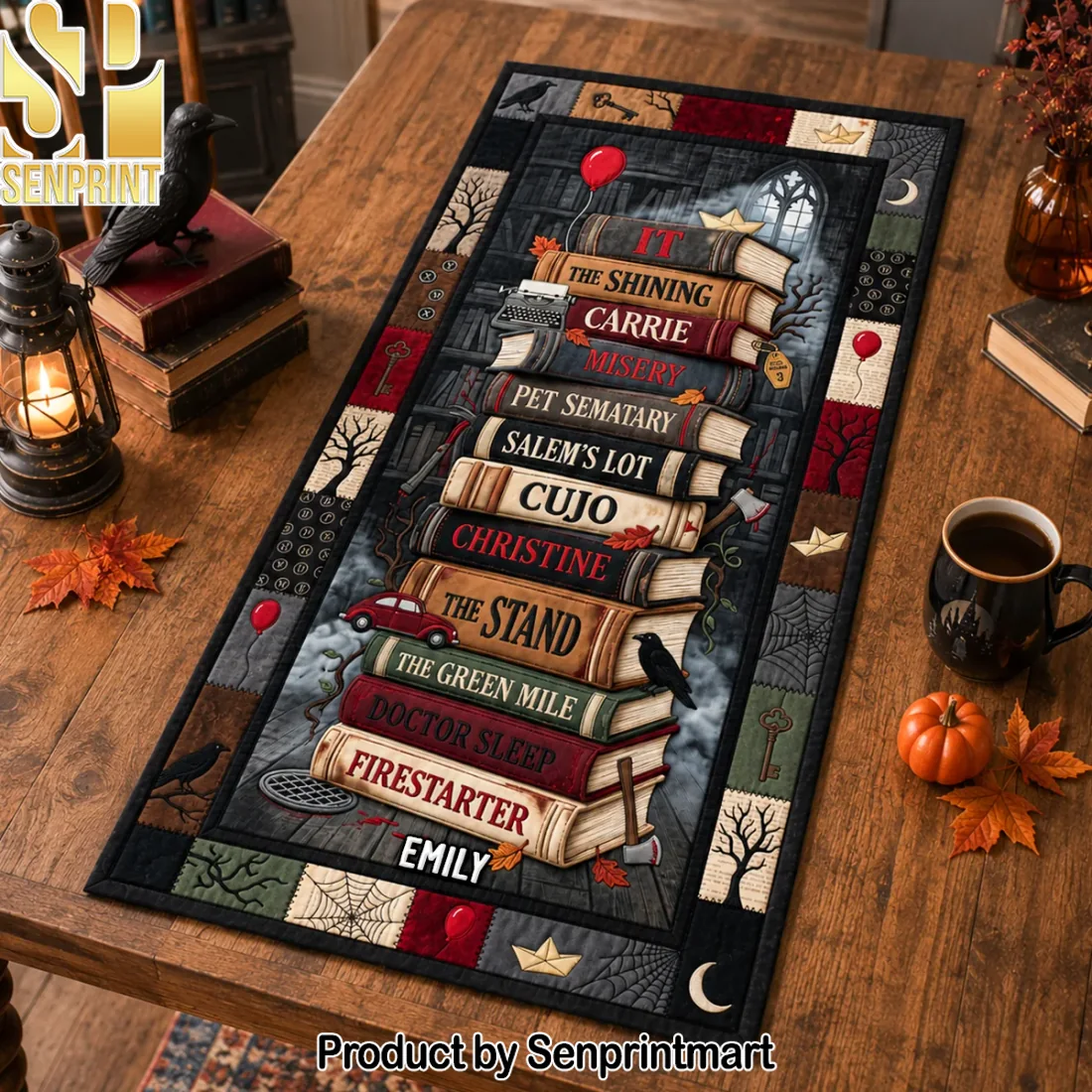 Personalized Classic Horror Book Stack Creepy Reading Nook Gothic Halloween Decor Quilted Table Runner Personalized Classic Horror Book Stack Creepy Reading Nook Gothic Halloween Decor Quilted Table Runner