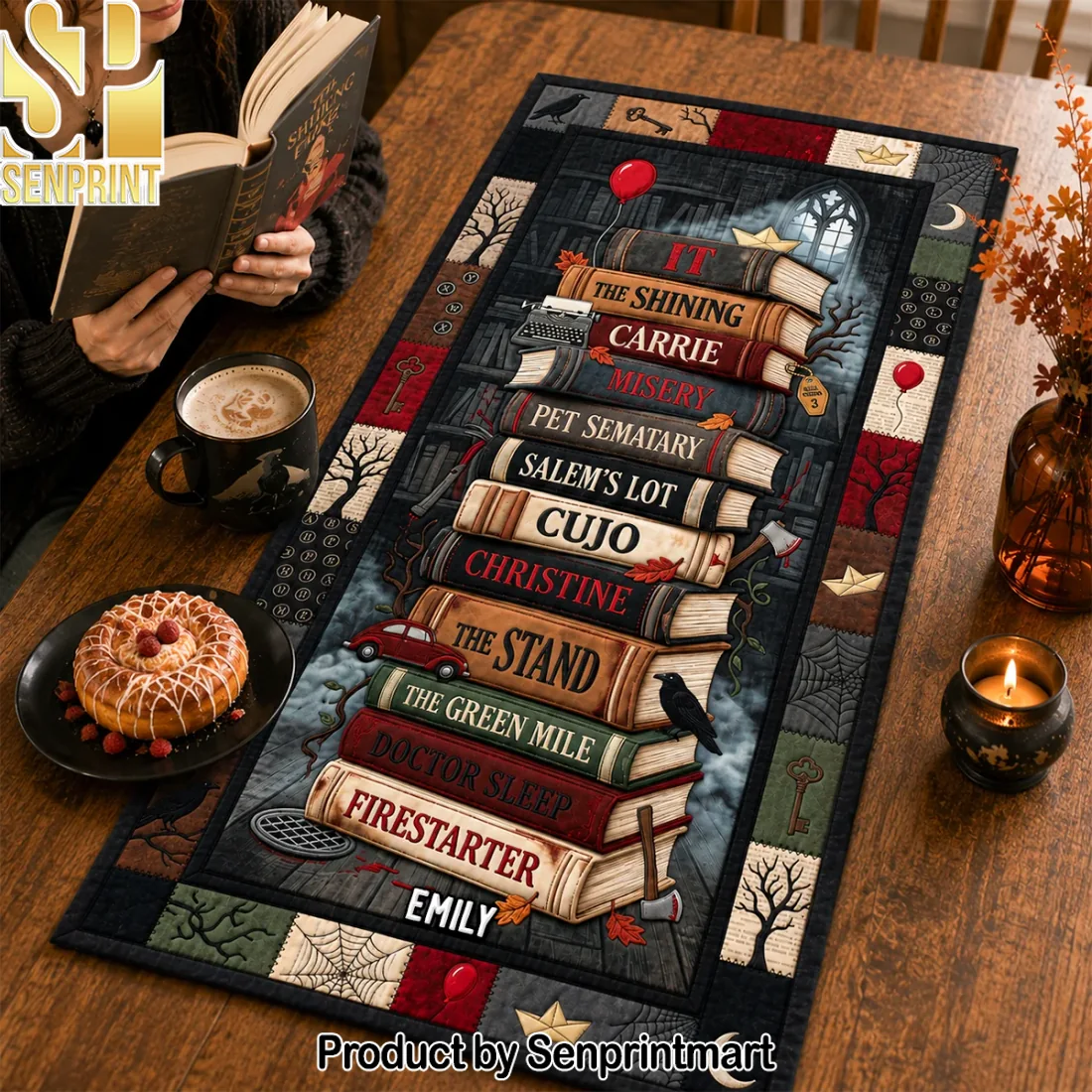 Personalized Classic Horror Book Stack Creepy Reading Nook Gothic Halloween Decor Quilted Table Runner Personalized Classic Horror Book Stack Creepy Reading Nook Gothic Halloween Decor Quilted Table Runner