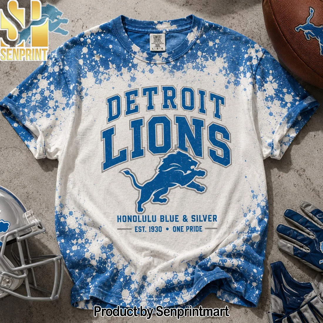Detroit Lions Vintage Bleach Splash Acid Wash Honolulu Blue Graphic T-Shirt