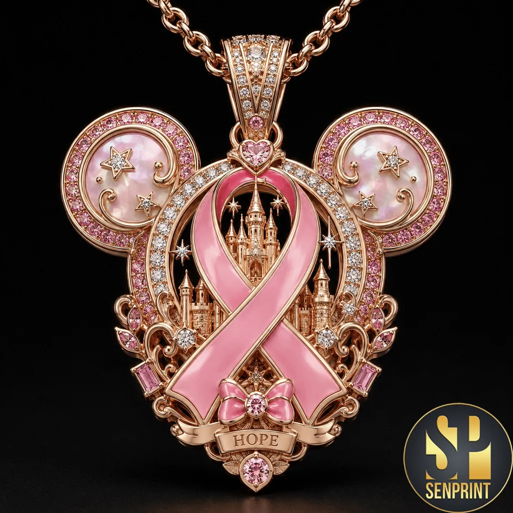 Breast Cancer Awareness Hope Pink Ribbon Mouse Ears Pendant Necklace