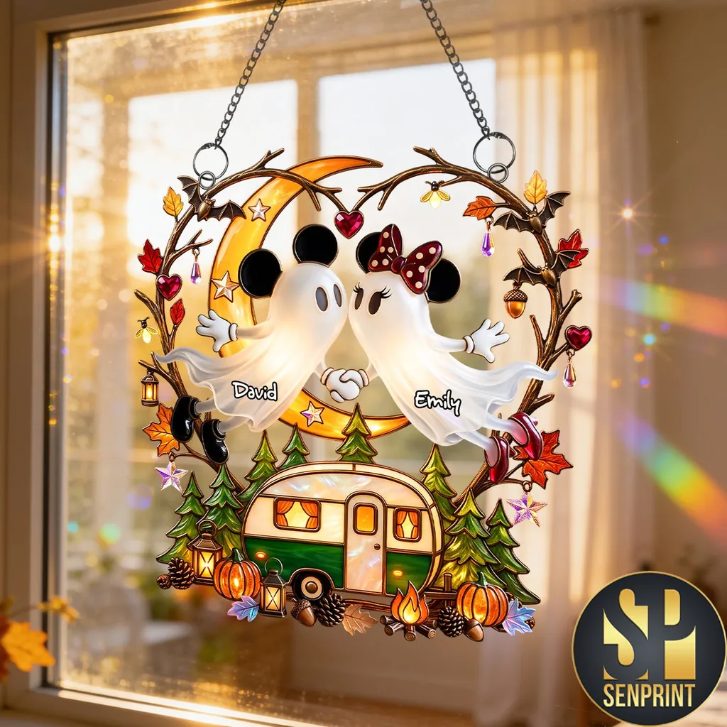 Personalized Cute Ghost Couple Camping Halloween Stained Glass Style Window Hanging Suncatcher