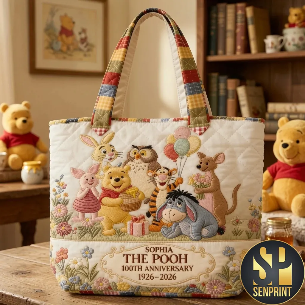 Personalized Winnie The Pooh 100th Anniversary 1926-2026 Quilted Tote Bag