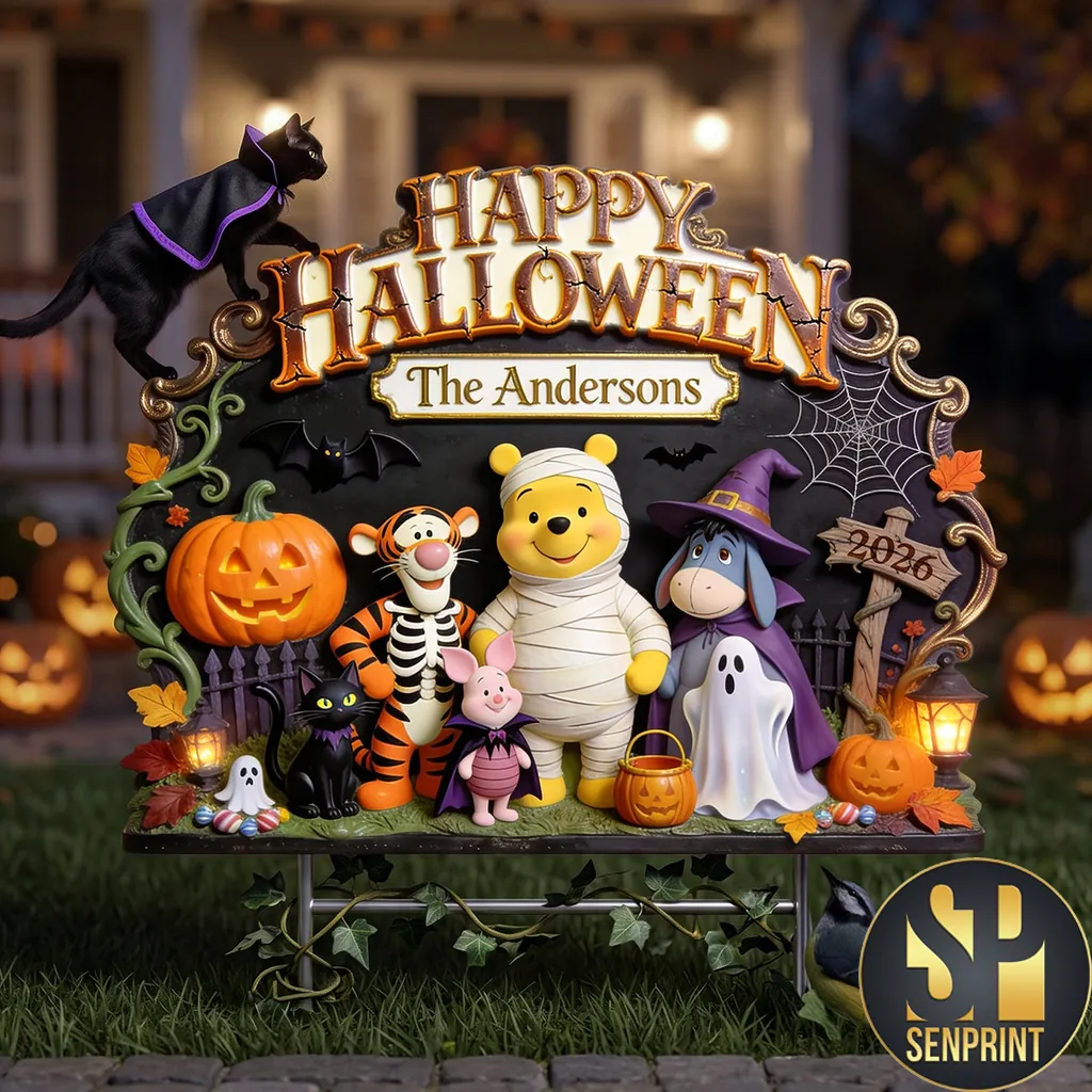 Winnie the Pooh Happy Halloween Custom Family Name Yard Sign