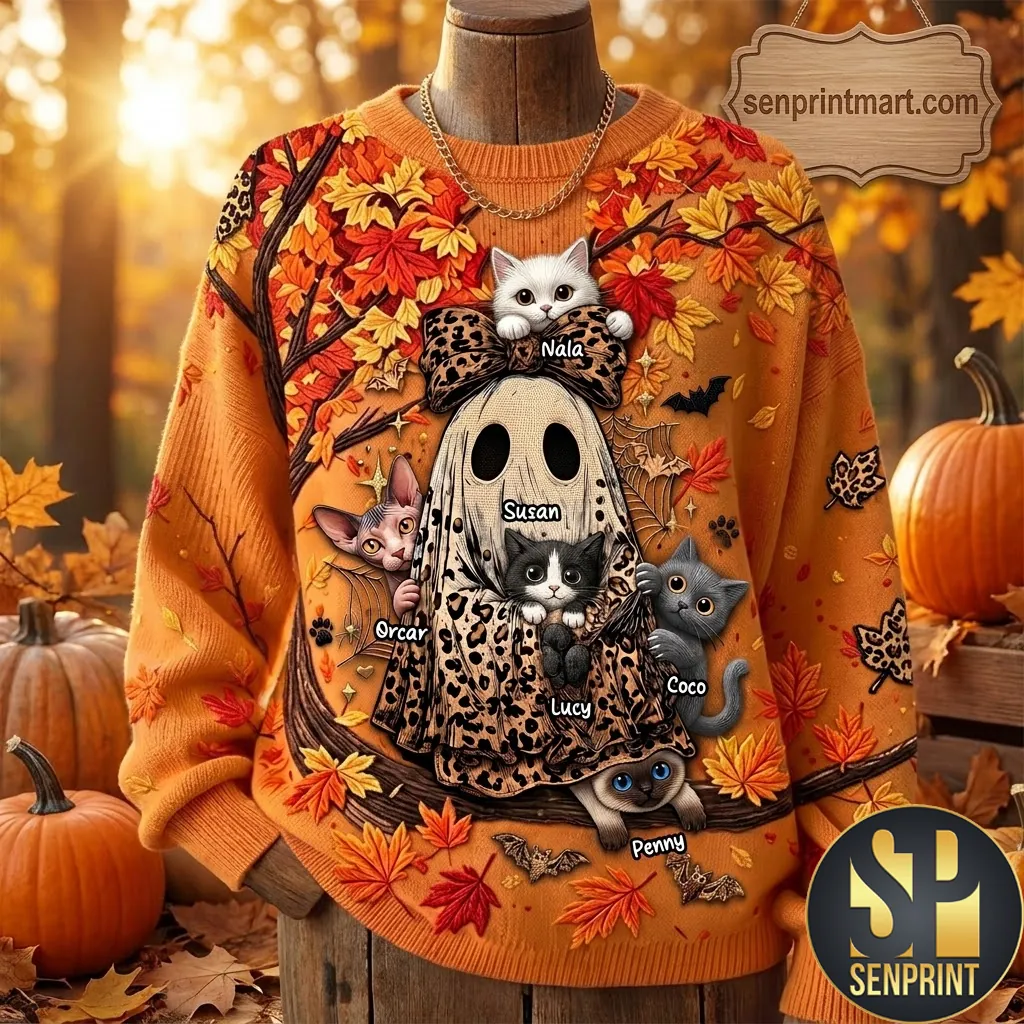 Personalized Cat Ghost Halloween Leopard Print Ugly Sweater