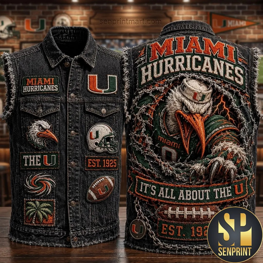 Miami Hurricanes Est 1925 Vintage Distressed Embroidered Denim Vest