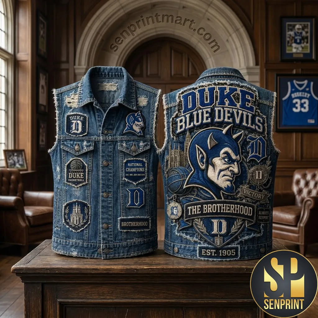 Duke Blue Devils The Brotherhood Vintage NCAA Basketball Embroidered Distressed Denim Vest