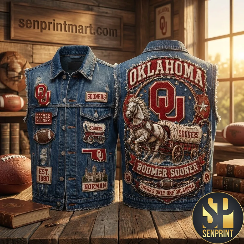 Oklahoma Sooners Boomer Sooner Vintage Distressed Embroidered Denim Vest