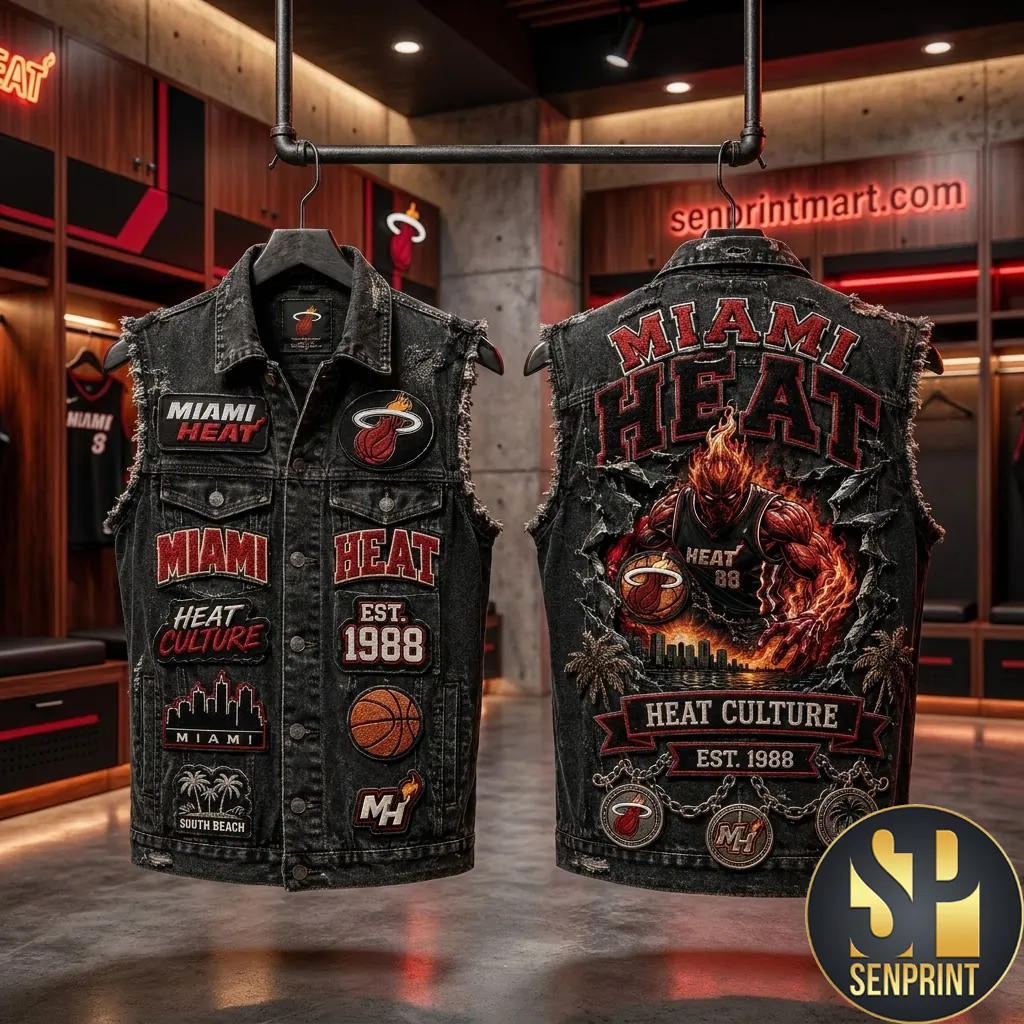 Miami Heat Heat Culture Est 1988 Distressed Premium Denim Vest