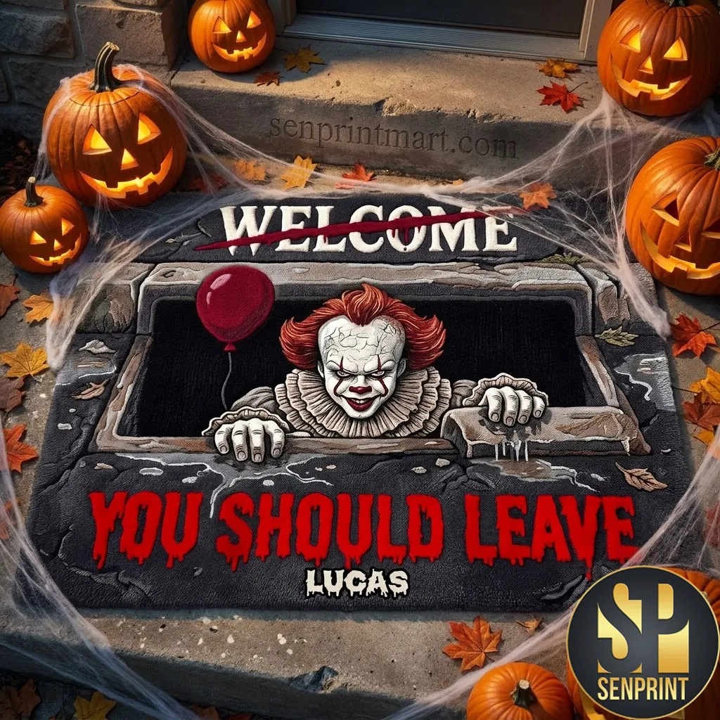 Personalized Scary Clown You Should Leave Halloween Welcome Doormat