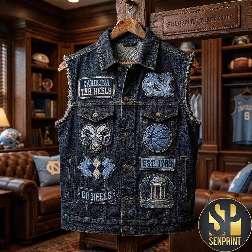 Carolina Tar Heels Est 1789 Vintage Embroidered Patch Denim Vest