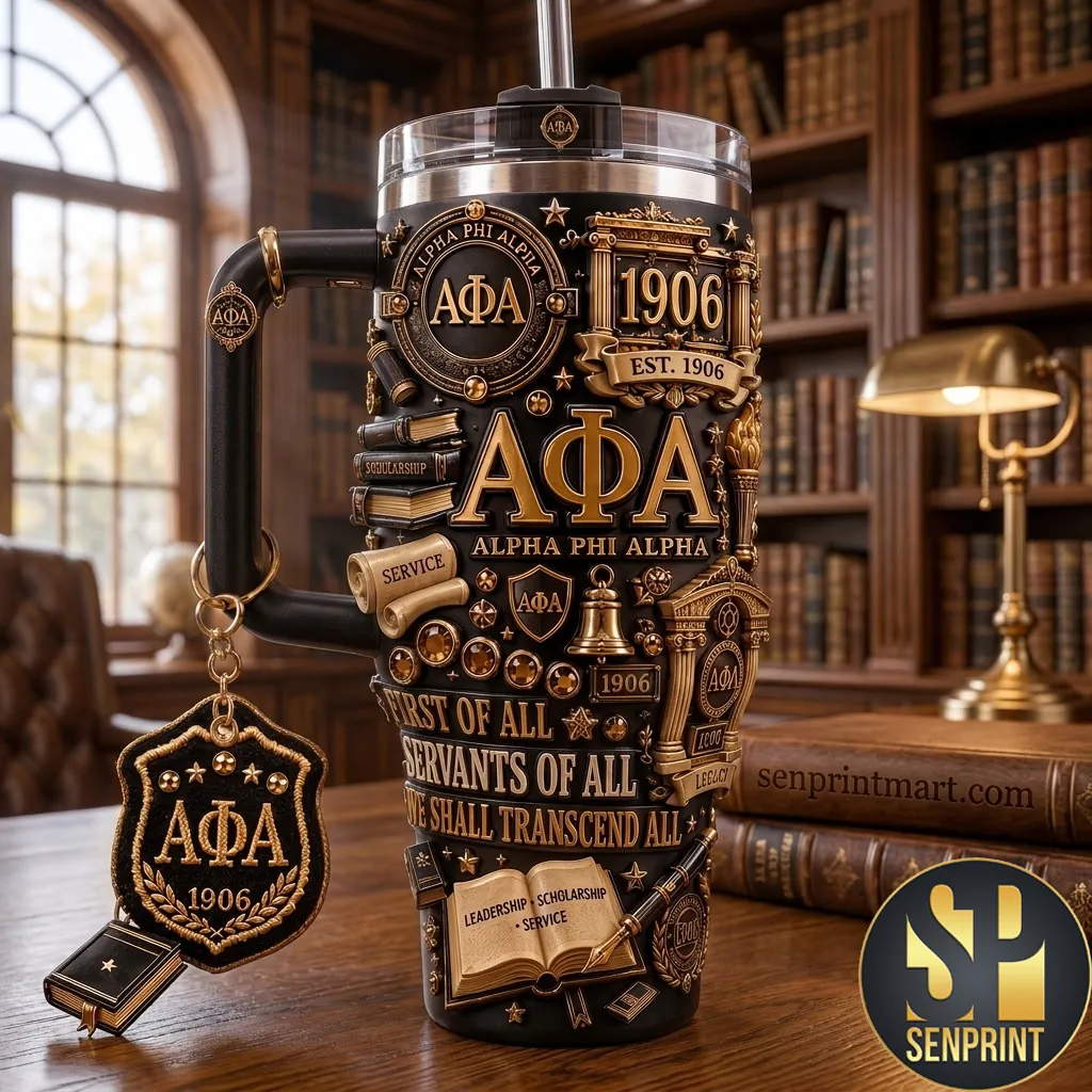 Alpha Phi Alpha Est 1906 Black and Gold 3D Embossed 40oz Tumbler With Handle