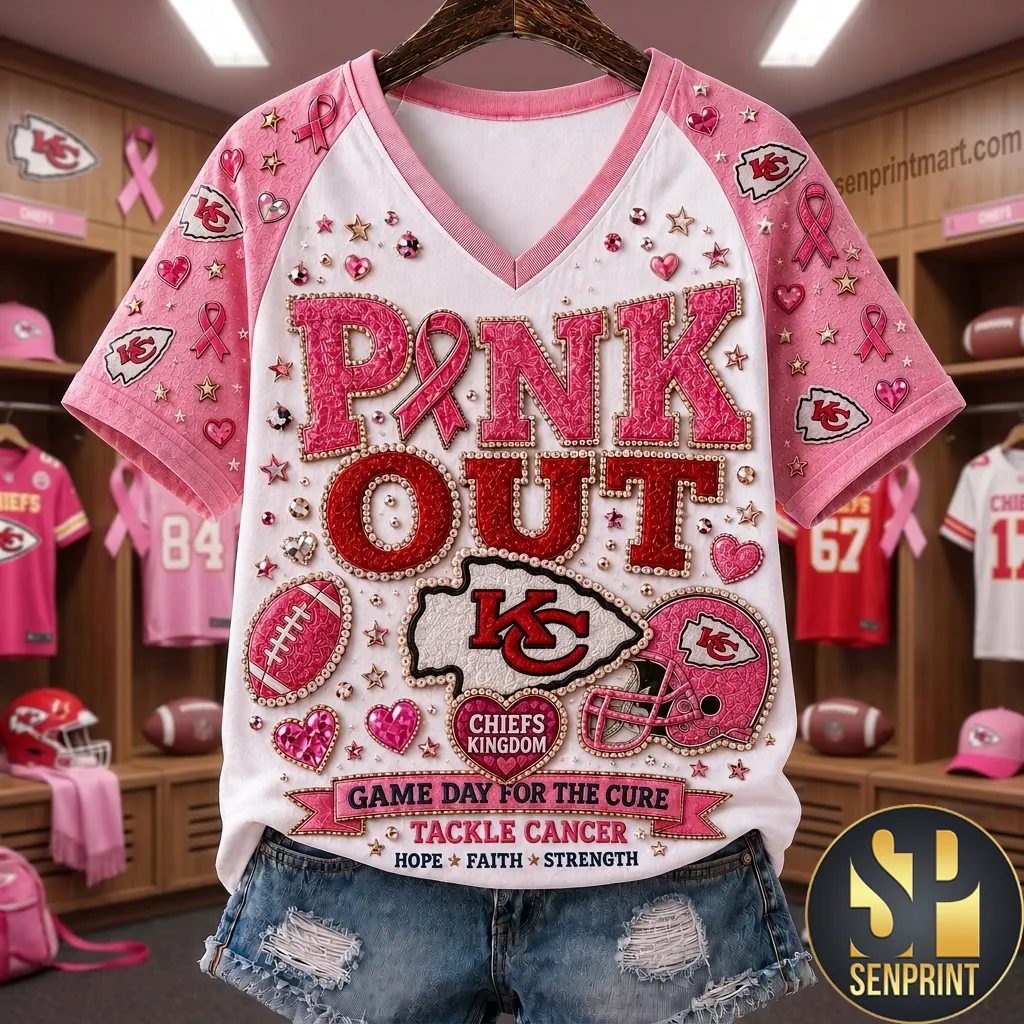 Kansas City Chiefs Pink Out Game Day for the Cure 3D V-Neck Shirt