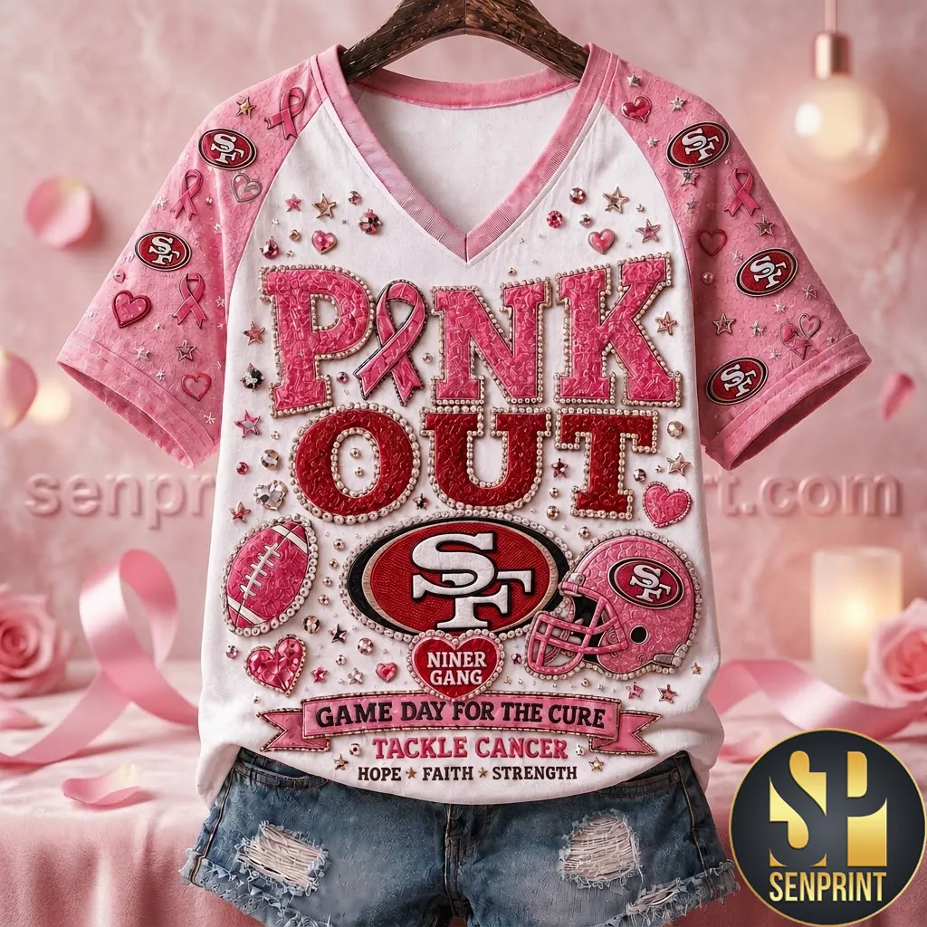 San Francisco 49ers Pink Out Breast Cancer Awareness 3D V-Neck Shirt