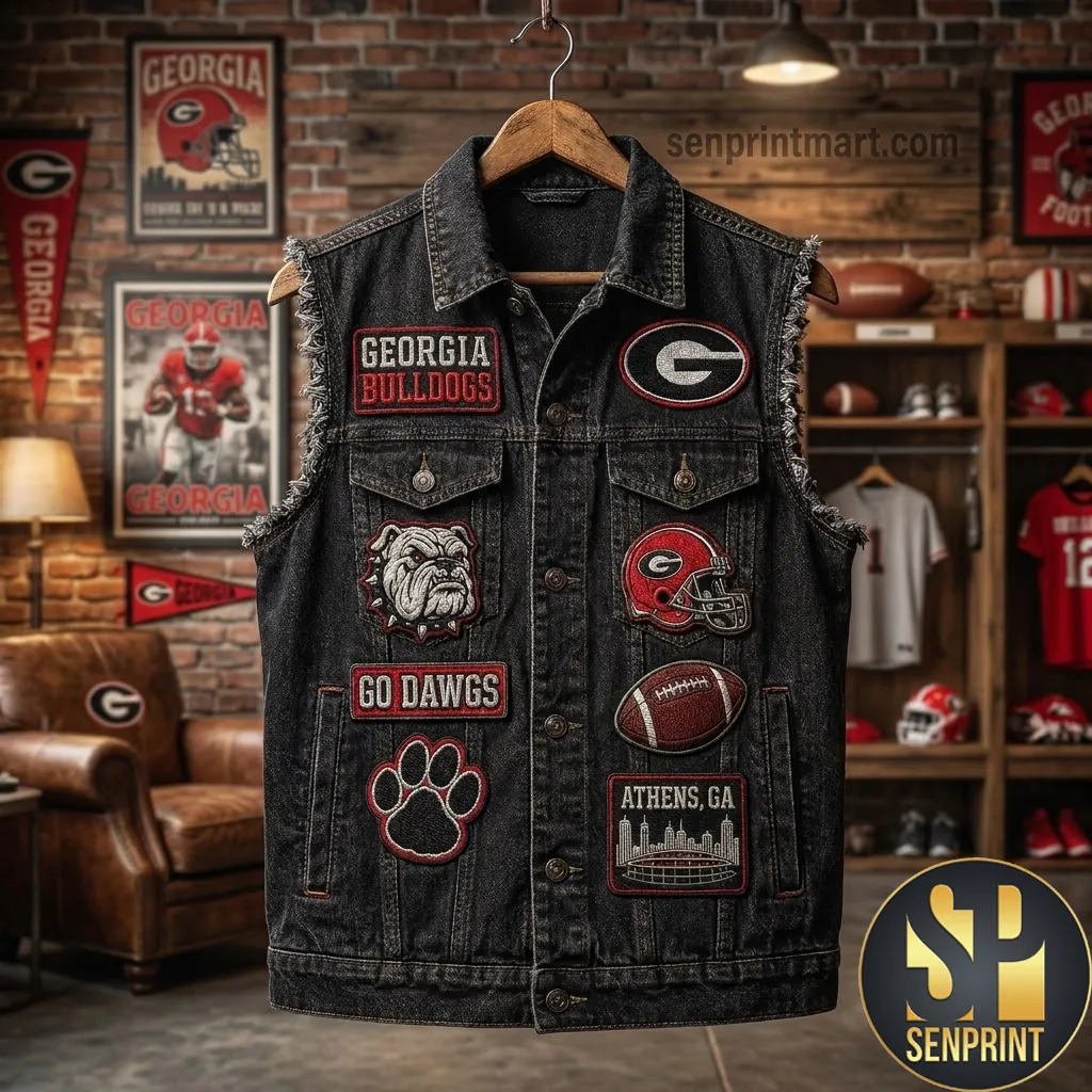 Georgia Bulldogs Go Dawgs Vintage Patched Denim Vest