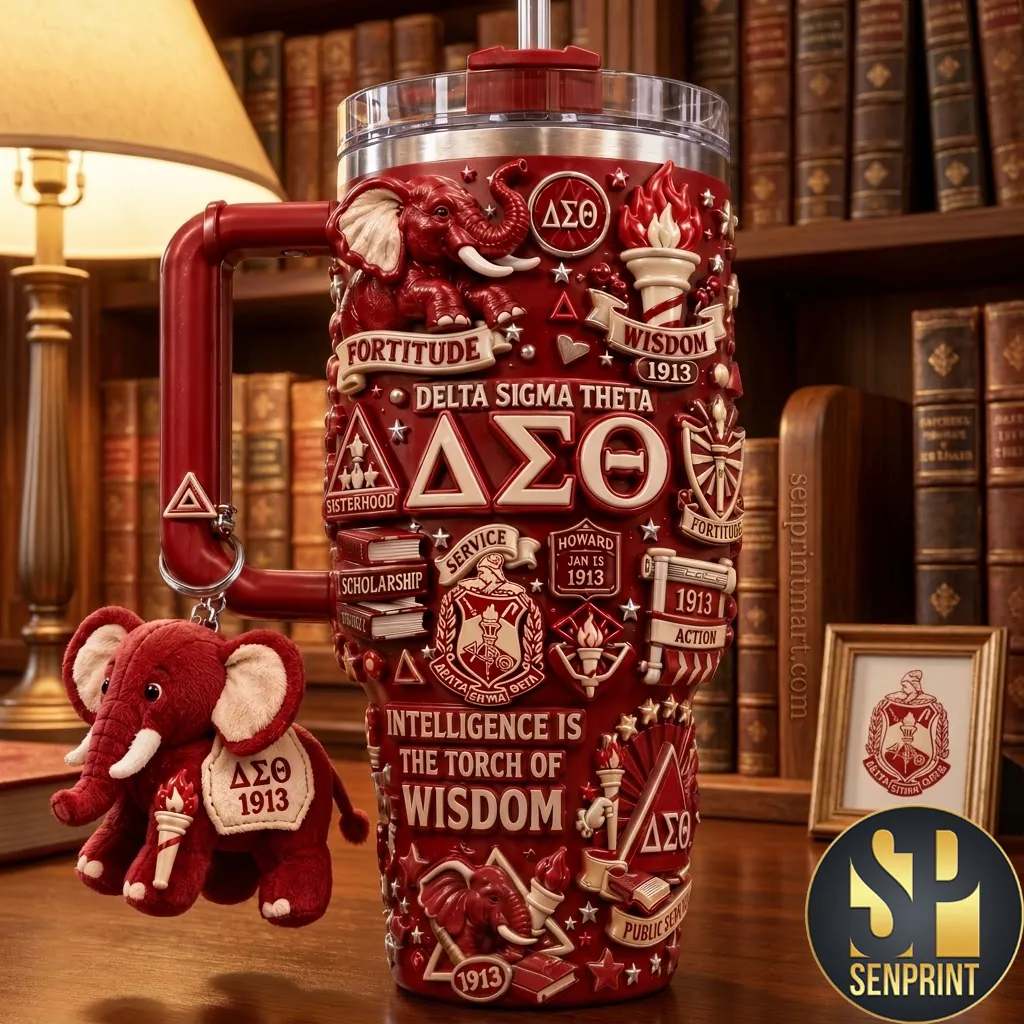 Delta Sigma Theta 1913 3D Embossed Red Elephant Sorority 40oz Tumbler with Handle