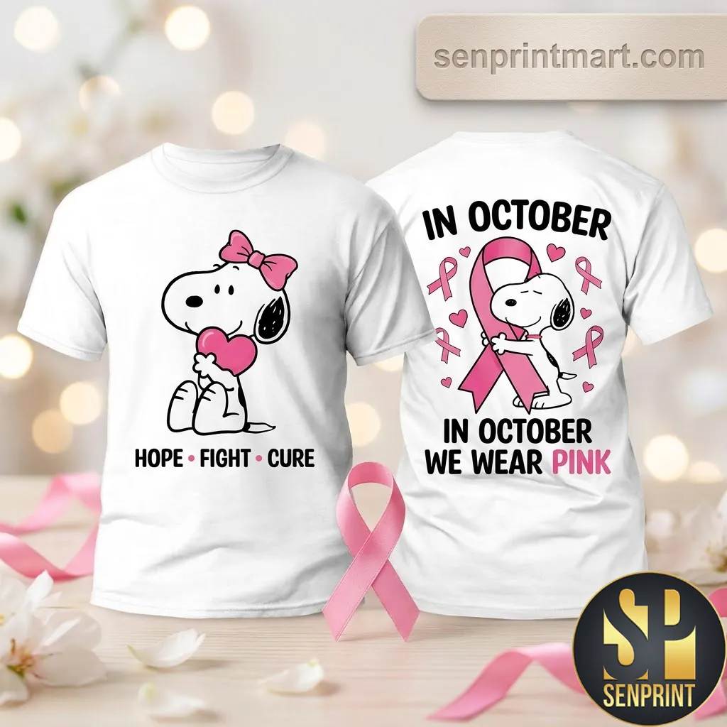 Snoopy In October We Wear Pink Breast Cancer Awareness Graphic T-Shirt