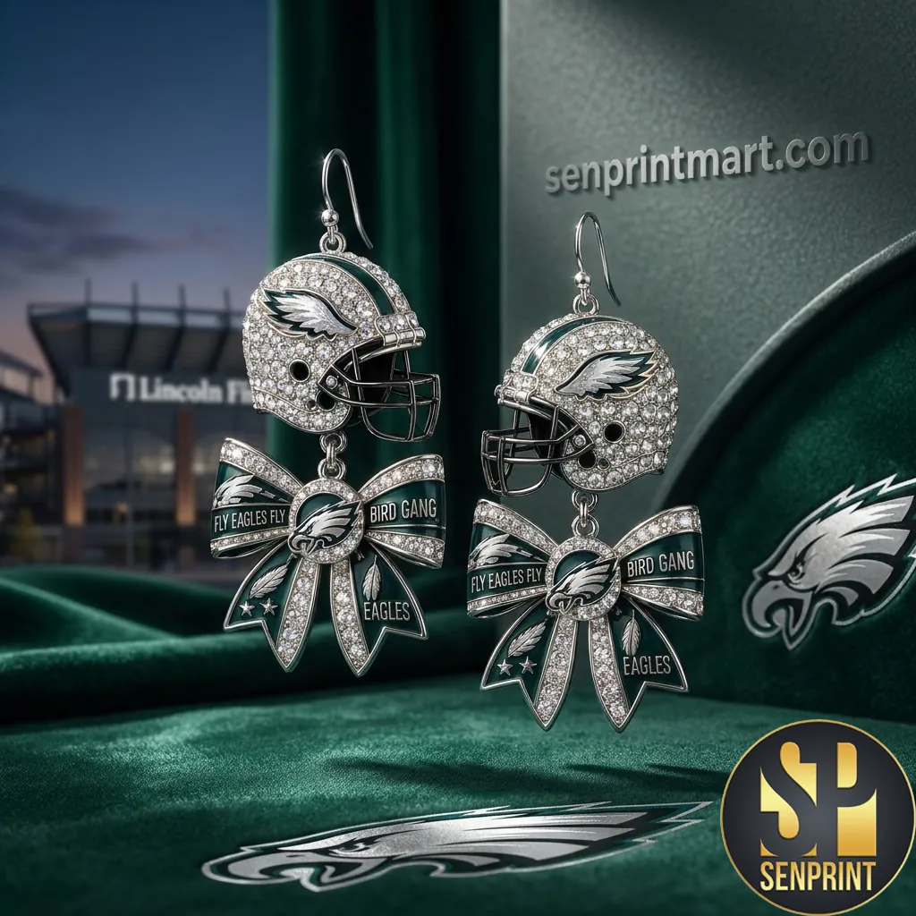 Philadelphia Eagles Fly Eagles Fly Crystal Helmet Bow Dangle Earrings
