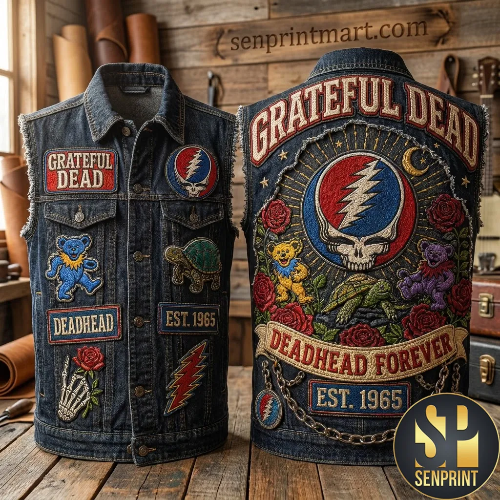 Grateful Dead Deadhead Forever Est 1965 Vintage Embroidered Denim Vest