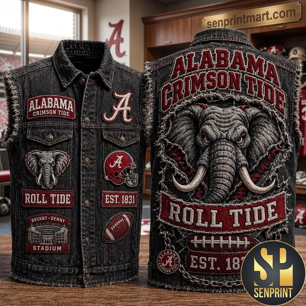 Alabama Crimson Tide Roll Tide Vintage Distressed Patch Denim Vest