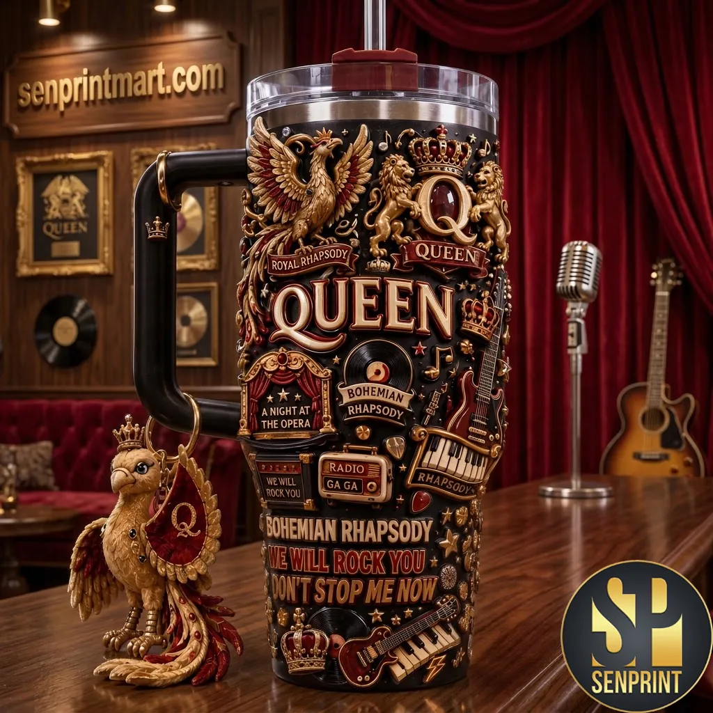 Queen Bohemian Rhapsody Retro Rock Music 3D Embossed 40oz Tumbler with Handle