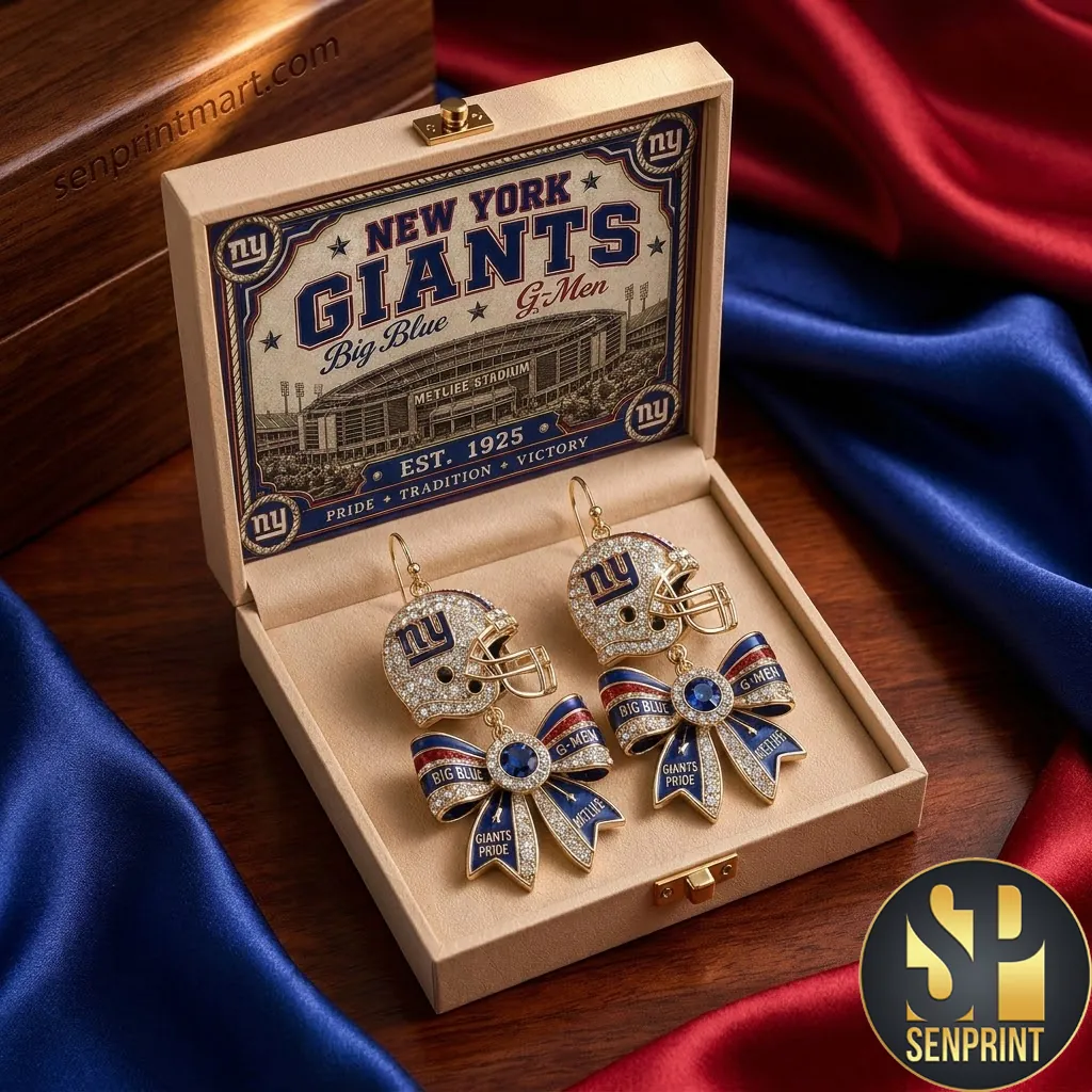 New York Giants Big Blue Crystal Helmet Bow Dangle Earrings