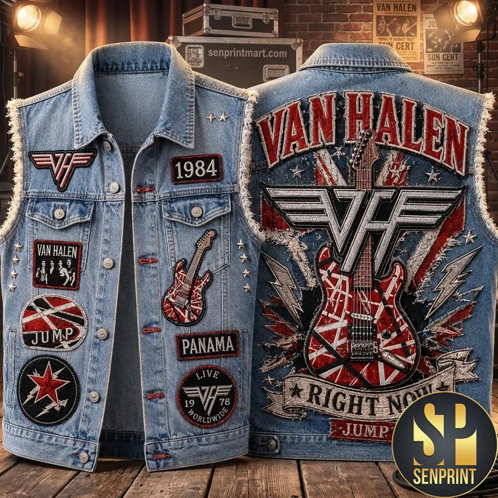 Van Halen 1984 Jump Panama Vintage Rock Band Patched Denim Vest