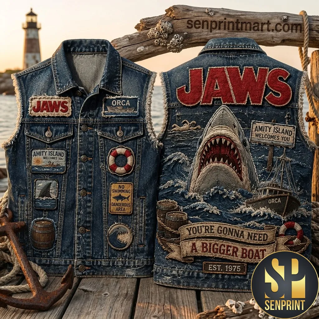 Jaws Amity Island Orca Vintage Embroidered Denim Vest