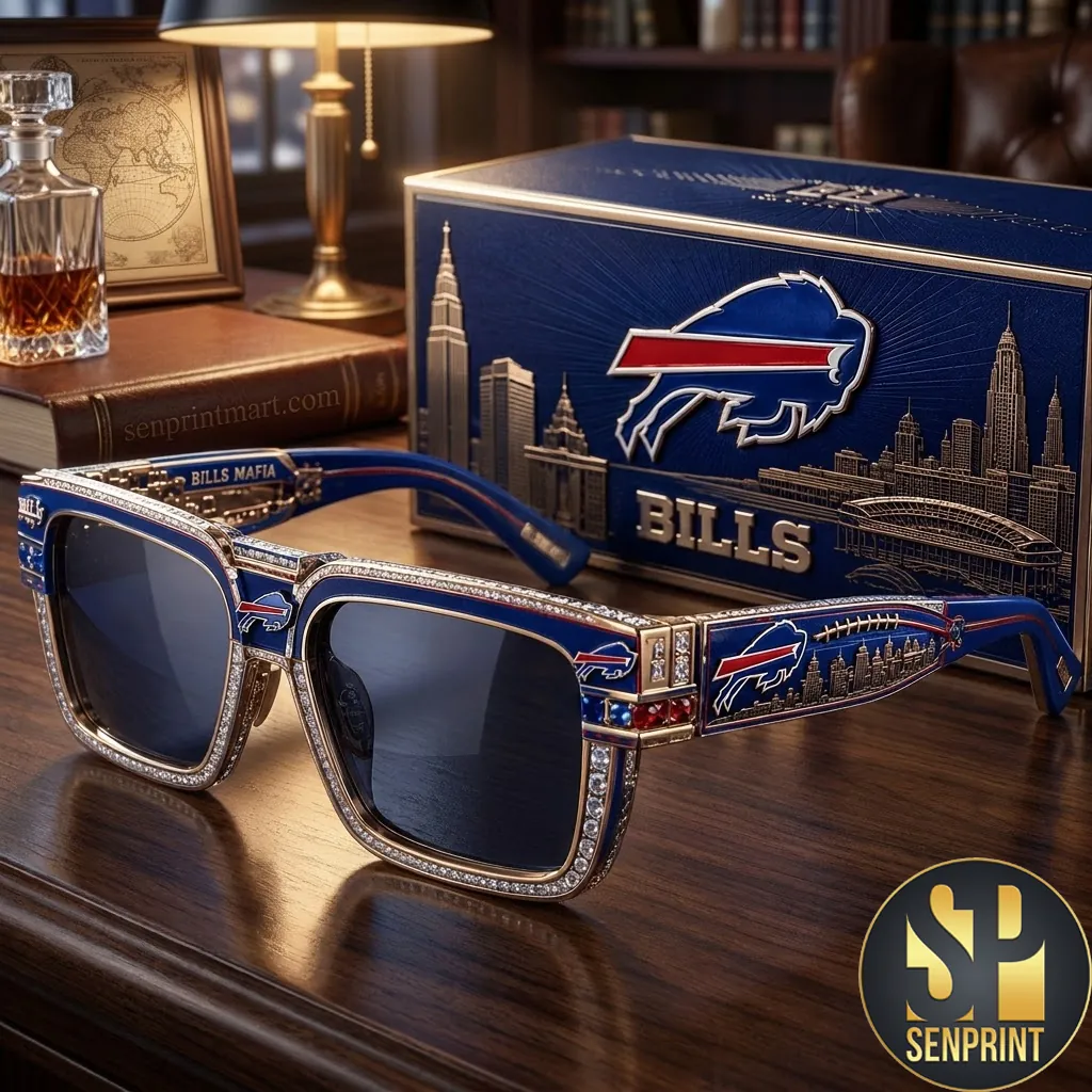 Buffalo Bills Bills Mafia Luxury Rhinestone Gold Accent Sunglasses