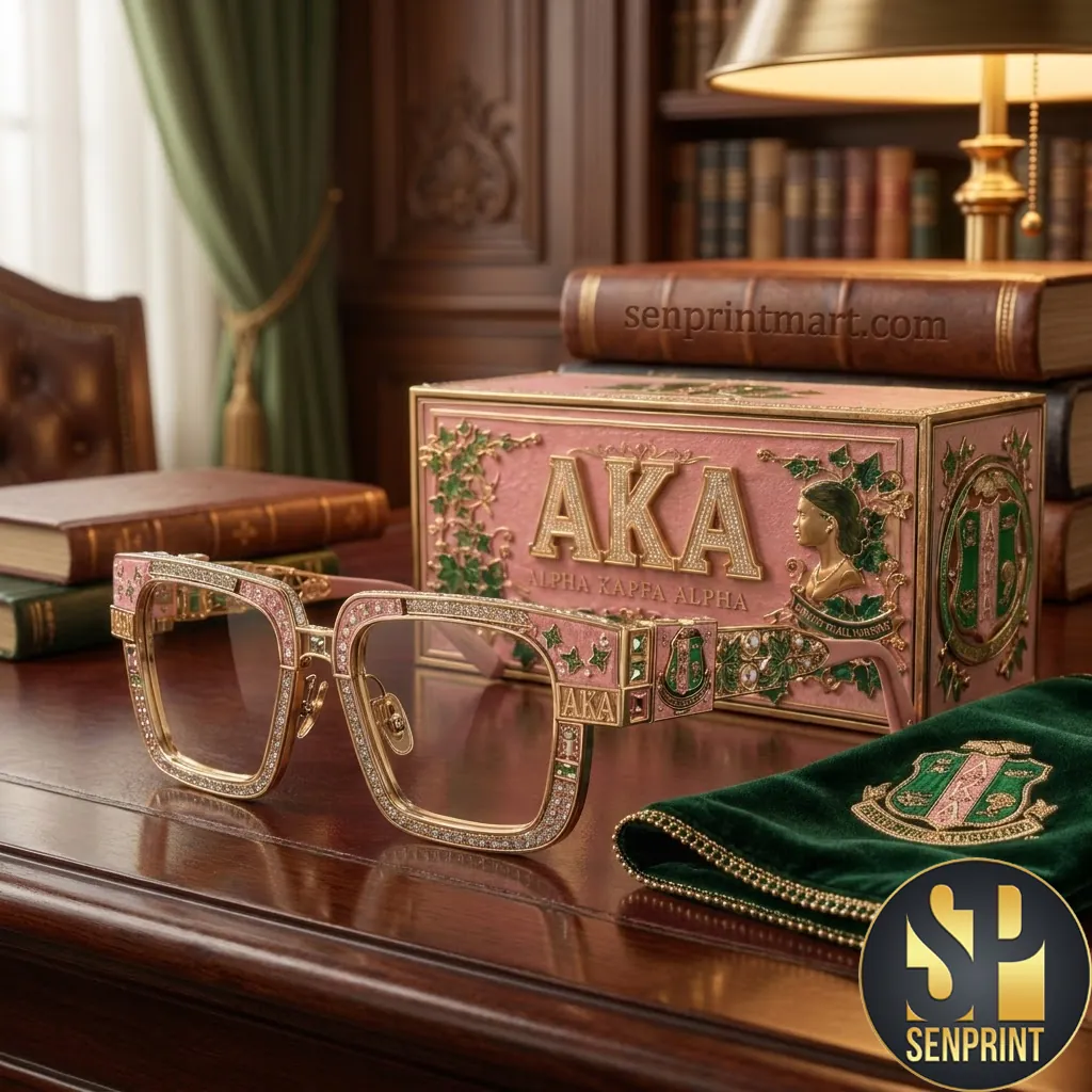 Alpha Kappa Alpha Sorority Pink and Green Rhinestone Luxury Sunglasses