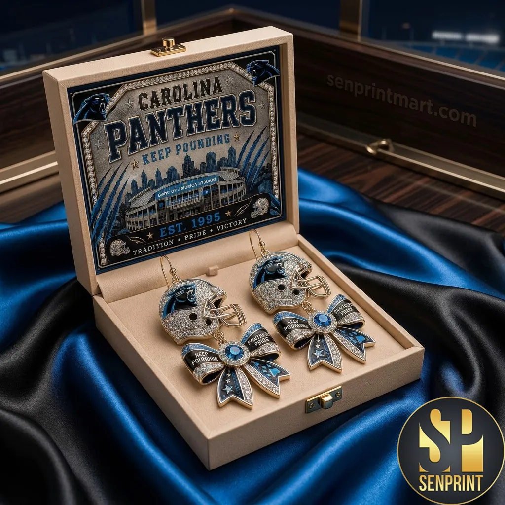Carolina Panthers Keep Pounding Premium Crystal Helmet Bow Dangle Earrings