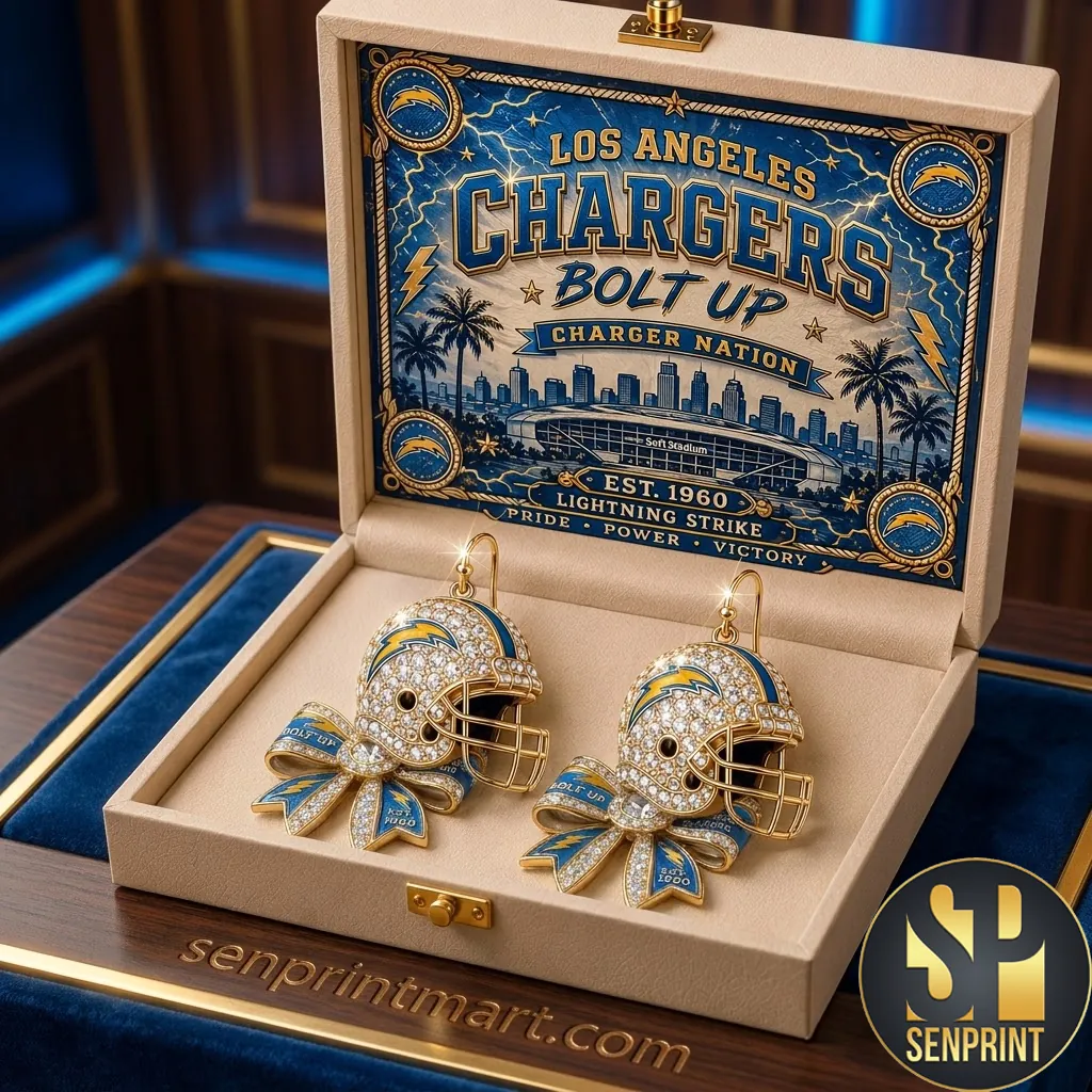Los Angeles Chargers Crystal Football Helmet Bow Dangle Earrings