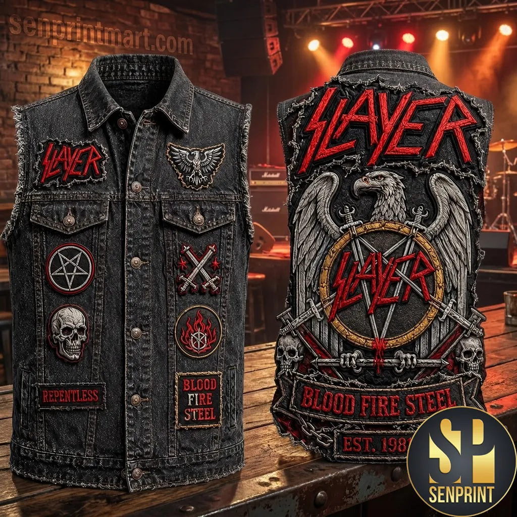 Slayer Blood Fire Steel Est 1981 Vintage Black Denim Vest