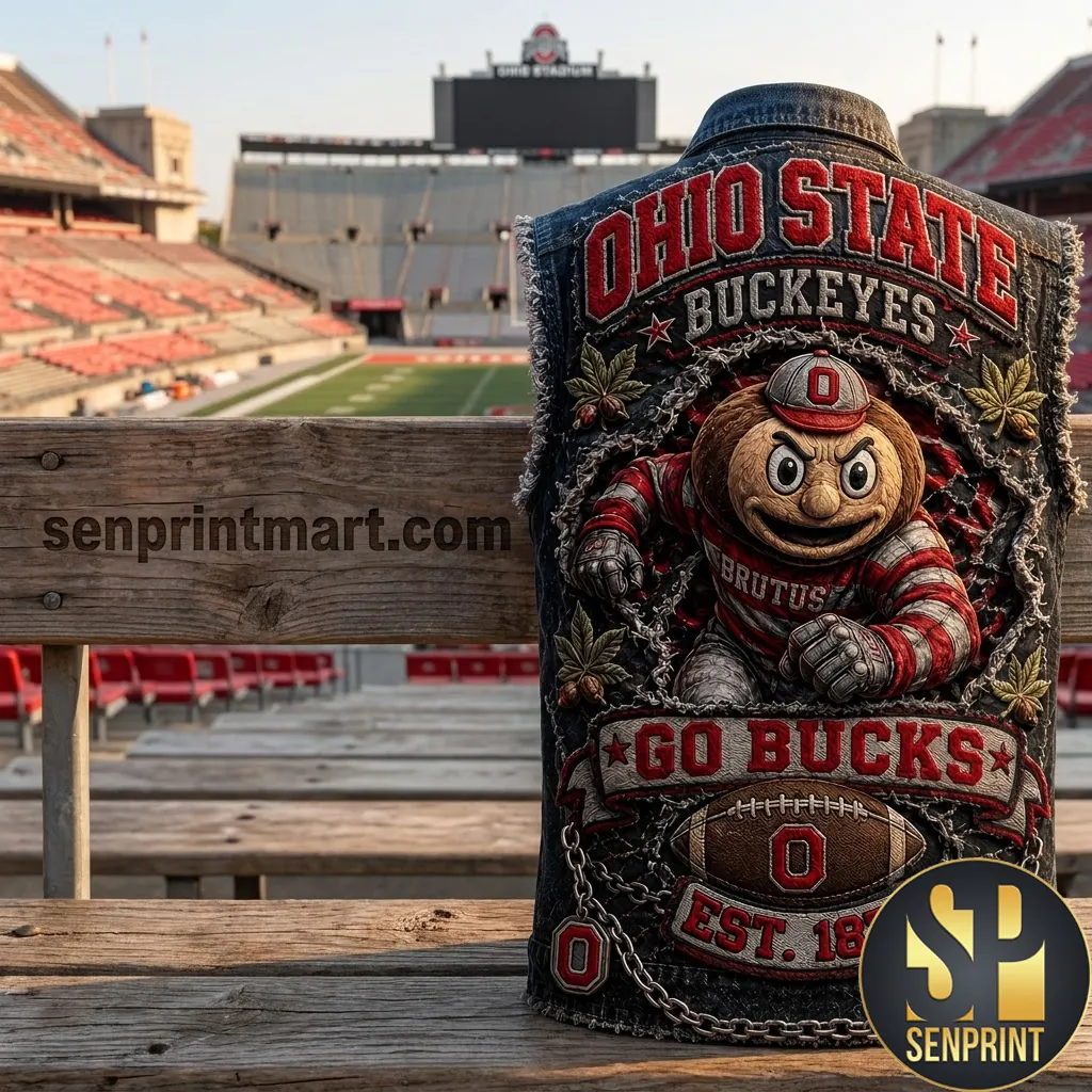 Ohio State Buckeyes Brutus Mascot Premium Distressed Denim Vest