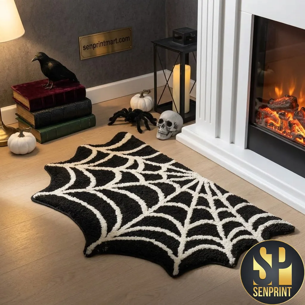 Halloween Spider Web Spooky Gothic Plush Tufted Area Rug